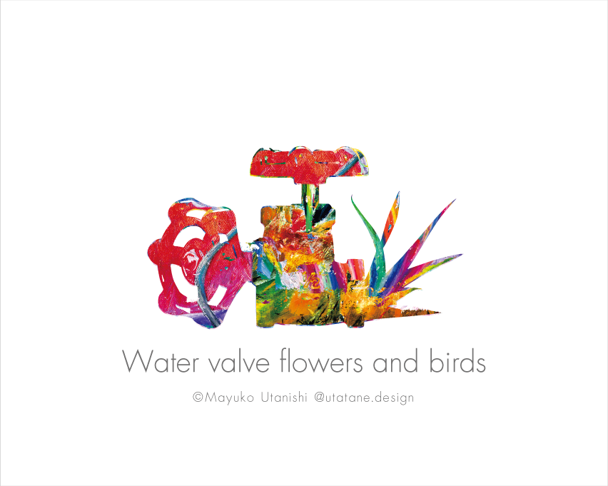 唄西繭子　トートバッグ 　水道バルブの花と鳥　Water valve flowers and birds