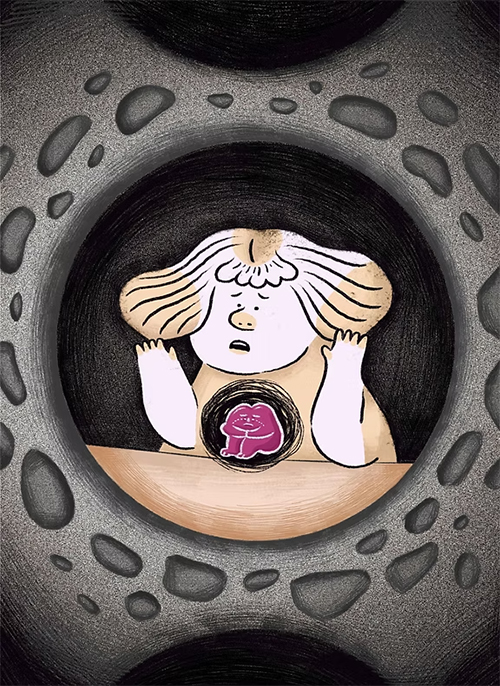 カラフルな人々の姿とその背景に描かれた、感情や想いを象徴するイラスト作品。内なる子どもや心の奥底の感情が表現されている。