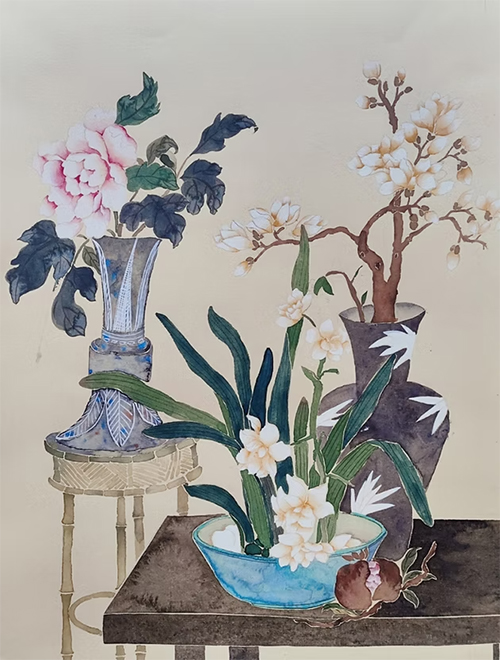 柔らかな色彩と繊細な筆致で描かれた中国伝統スタイルの花の静物画
A floral still life in traditional Chinese style with soft colors and delicate brushwork