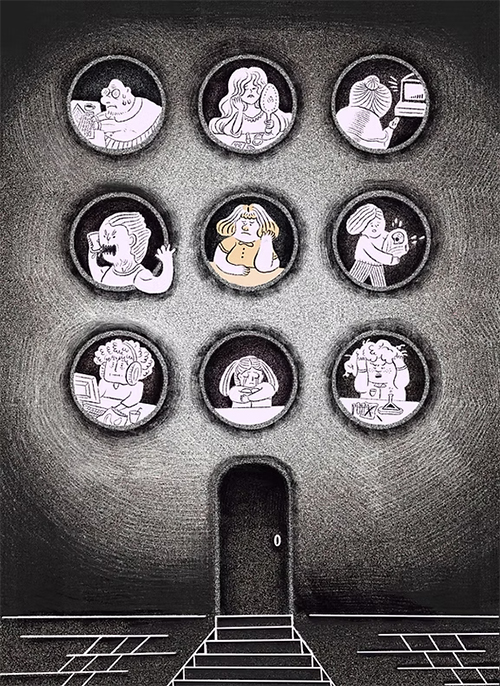 カラフルな人々の姿とその背景に描かれた、感情や想いを象徴するイラスト作品。内なる子どもや心の奥底の感情が表現されている。