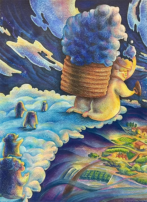 水彩と色鉛筆で描かれた、広い空と人物の後ろ姿。暗闇の中でも前を向いて歩き出す姿が印象的な作品。