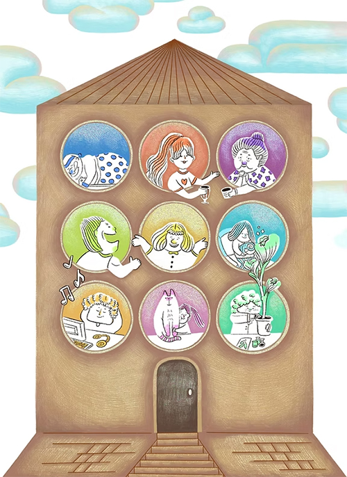 カラフルな人々の姿とその背景に描かれた、感情や想いを象徴するイラスト作品。内なる子どもや心の奥底の感情が表現されている。