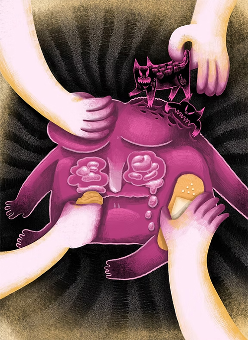 カラフルな人々の姿とその背景に描かれた、感情や想いを象徴するイラスト作品。内なる子どもや心の奥底の感情が表現されている。