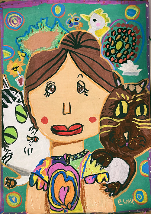 作者と2匹の猫を描いた心温まる家族の絵(アクリル・マーカー・色鉛筆使用)