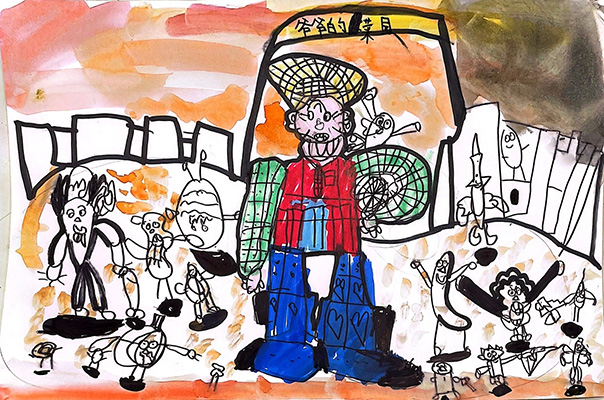 「生き生きとした野菜たちが登場する、祖父の不思議な菜園を描いた絵本風イラスト」