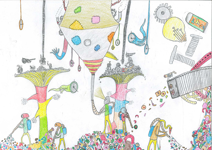 カラフルな装置が並ぶ工場で、時間のかけらを集めて新しい時間を作り出す様子を描いた色鉛筆画。