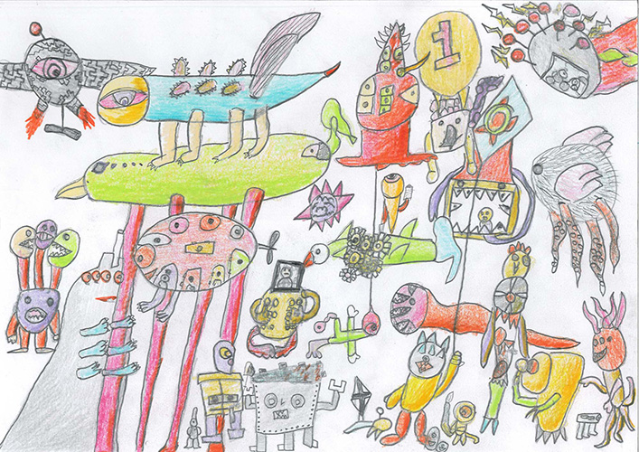 空想の生き物たちが暮らす不思議な世界を、色と形で幻想的に表現した色鉛筆作品。