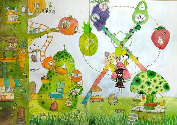 手描きの水彩で描かれたフルーツタウンの風景。動物たちが果物やハンバーガーに囲まれて暮らすにぎやかな街の様子。