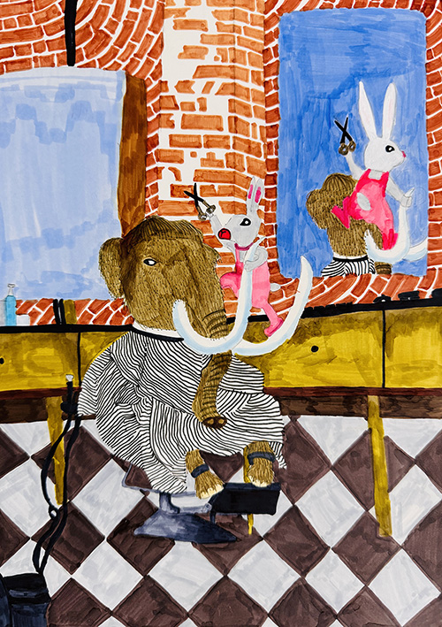 バニーバーバーショップ：巨大な象の牙に乗って毛をカットするウサギの理髪師のイラスト（Xiaomi Han）