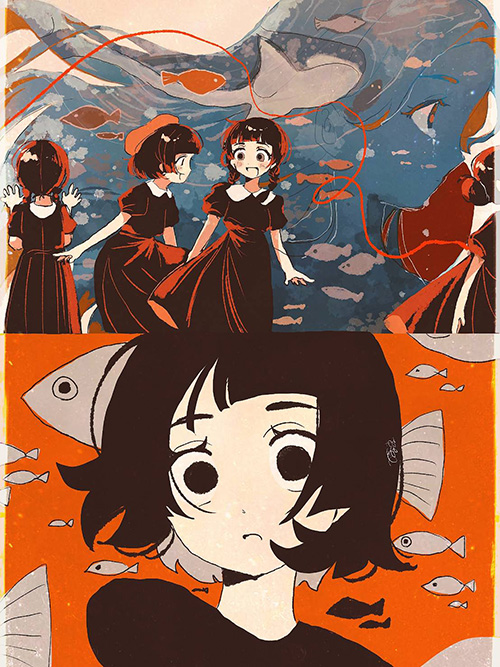 学校行事での思い出や心情を表現したデジタルアート。結びつきや絆をテーマにした情感あふれる構図。