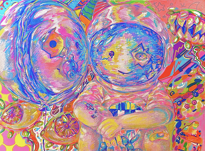 日本のアーティスト・himariによる作品《胎内回帰願望》。母胎への回帰願望をテーマに、宇宙と結びついた象徴的なモチーフと色彩豊かな表現で構成されたミクストメディア作品。 “Longing to Return to the Womb,” a mixed media piece by Japanese artist himari, explores the desire to return to the womb through symbolic cosmic imagery and expressive use of color and texture.