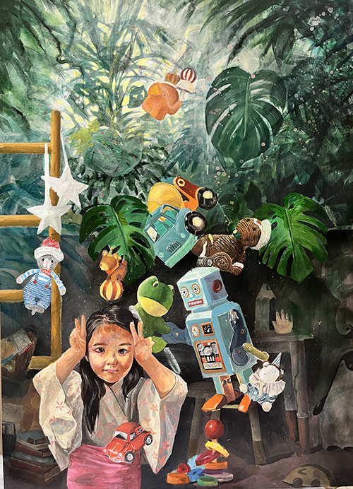 アクリル絵の具で描かれた湾の風景。鮮やかな青と緑が広がり、子供時代の記憶を想起させる温かみのある情景。A scenic bay painted in acrylic, featuring vivid blues and greens. A warm and nostalgic landscape evoking childhood memories.