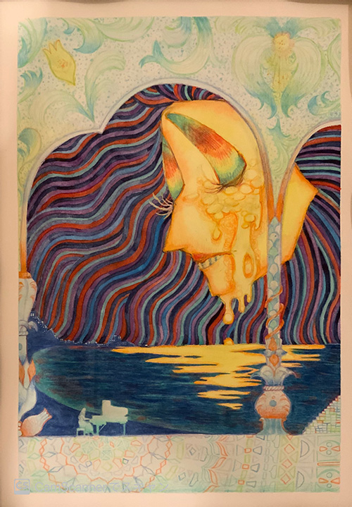 「For the crying moon」：月夜の海辺と街並みを幻想的に描いた、色鉛筆と透明水彩によるアート作品。